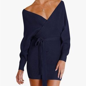 Zesica Batwing Sleeve Wrap Front Bodycon Belted Knit Dress (S)